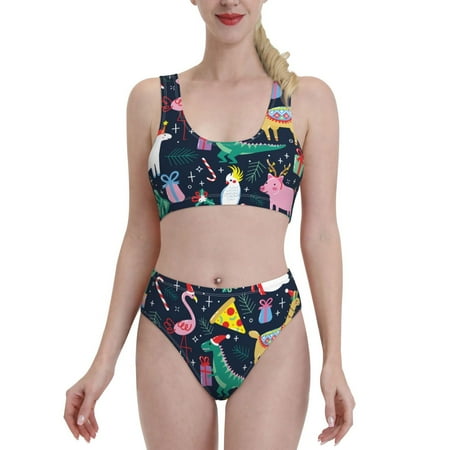 Bixox Cute Funny Animals Pattern Two-Piece Sports Bikini with U-Shaped Top and High-Waist Bottom - Women s Swimwear with Removable Bra Pads