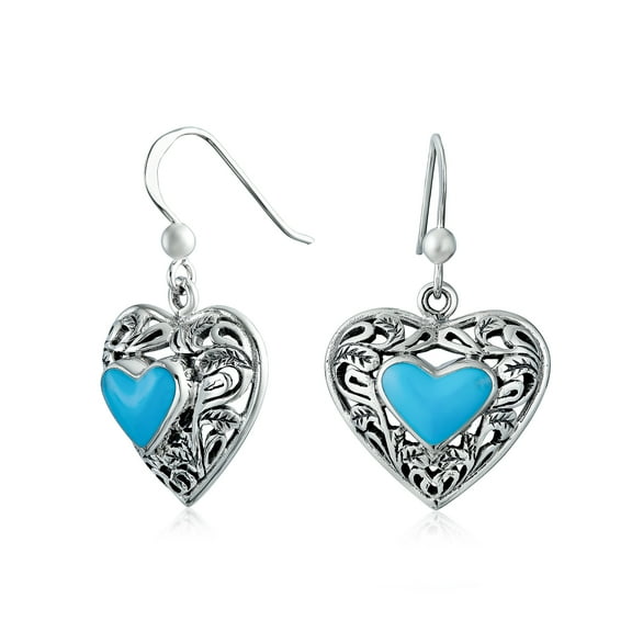 Bling Jewelry Womens Bali Style Scroll Filigree Natural Turquoise Heart Shaped Dangling Earrings Oxidized Sterling Silver