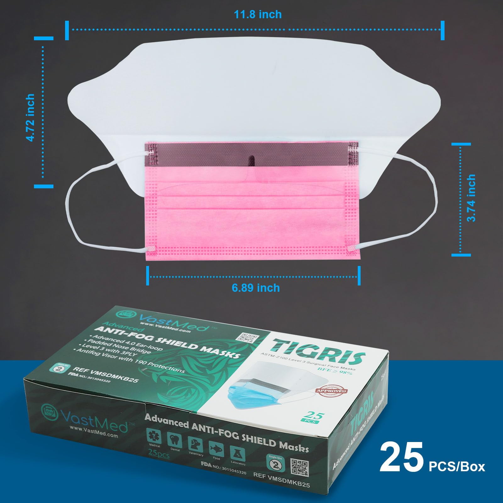 Disposable Face Mask with Shield, 3-Ply, Pink, 250 Count