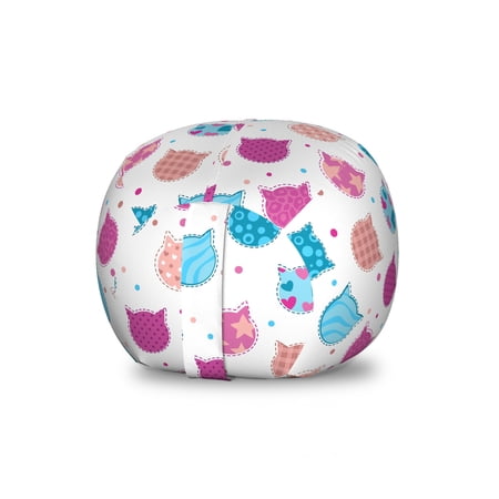 Feminine Storage Toy Bag Chair  Cat Heads Silhouettes with Stars Dots and Stripes Checked Patterns Patchwork  Stuffed Animal Organizer Washable Bag  Large Size  Fuchsia and Blue  by Ambesonne