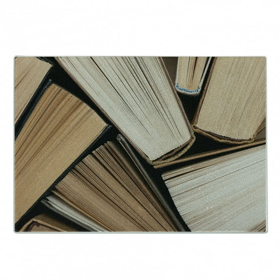 Abstract Cutting Board, Pile of Old Books Research Reading Library Literature Theme Picture, Decorative Tempered Glass Cutting and Serving Board, Small Size, Brown Beige, by Ambesonne