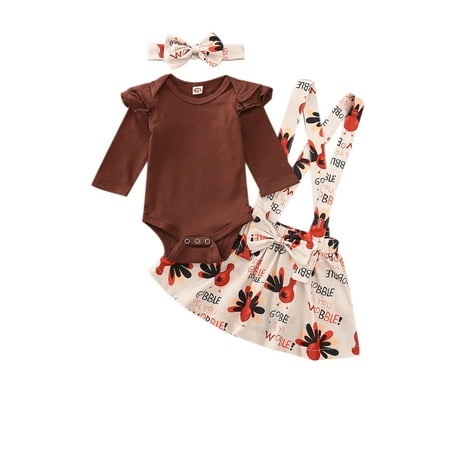 

Eyicmarn Baby Girl Outfit Ruffles Long Sleeve Romper Turkey Suspenders Skirt Set