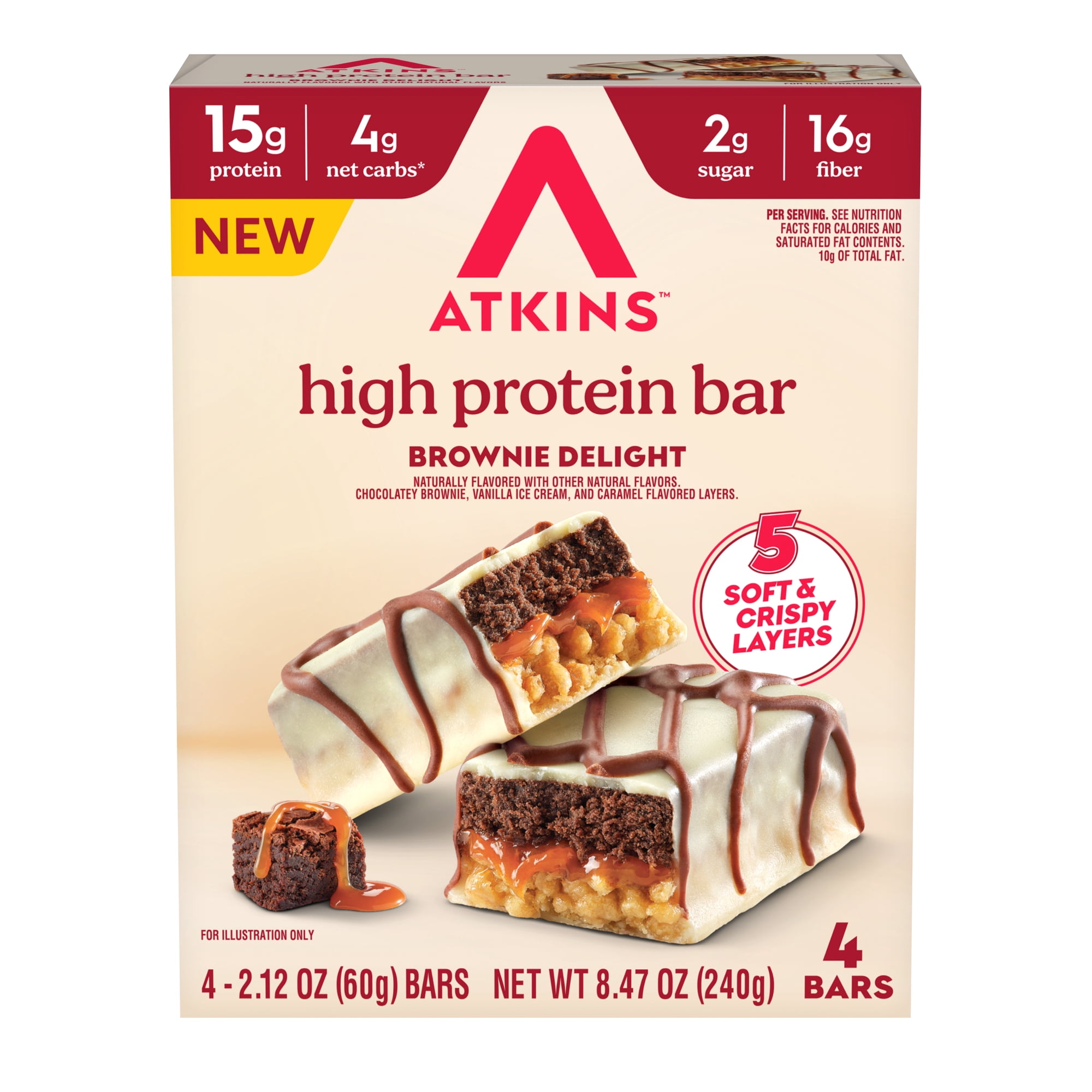 Atkins High Protein Bars, Brownie Delight Flavor, 15g of Protein, 4g Net Carbs, Keto Protein Bars, Low Sugar, 4 Count