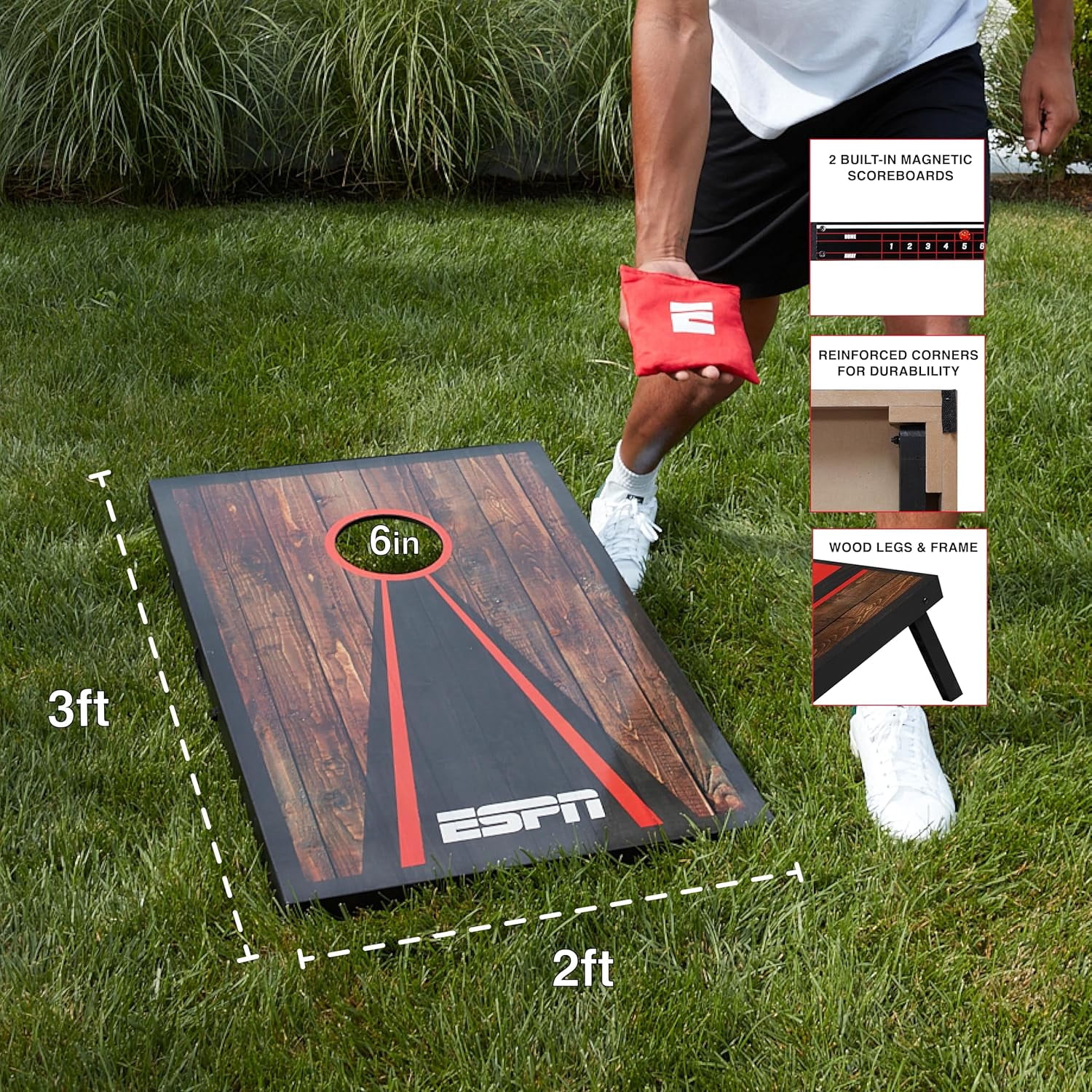 ESPN Cornhole Board Set, 2 x 3 Feet Wood Cornhole Board with 8 Cornhole Bags & Travel Case