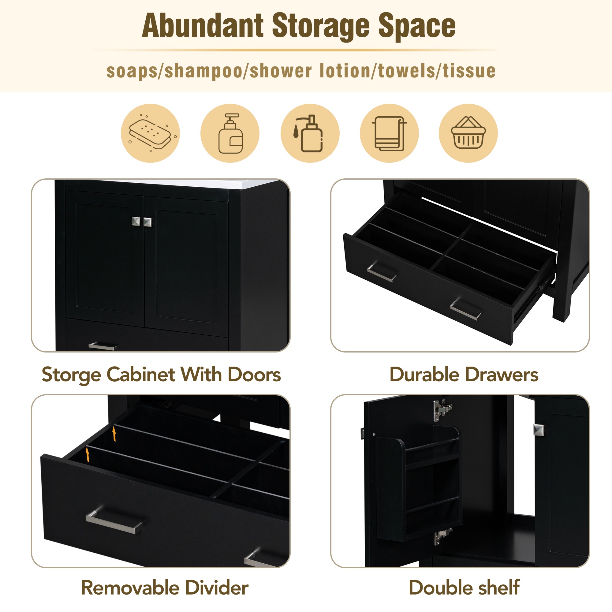 Bellemave 30" Bathroom Vanity with Single Sink, Wood Combo Cabinet Undermount Sink, Bathroom Storage Cabinet with 2 Doors and a Drawer, Soft Closing, Multifunctional Storage (Black)