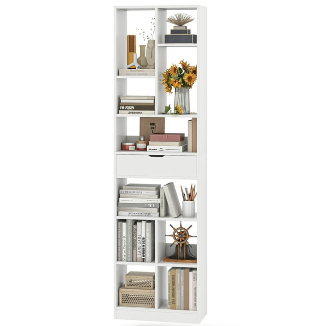 Gymax 71'' Tall Bookcase w/ Drawer Modern Bookshelf w/ 10 Open Cubes Display Rack