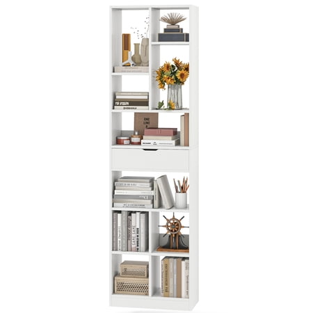 Gymax 71 Tall Bookcase w/ Drawer Modern Bookshelf w/ 10 Open Cubes Display Rack