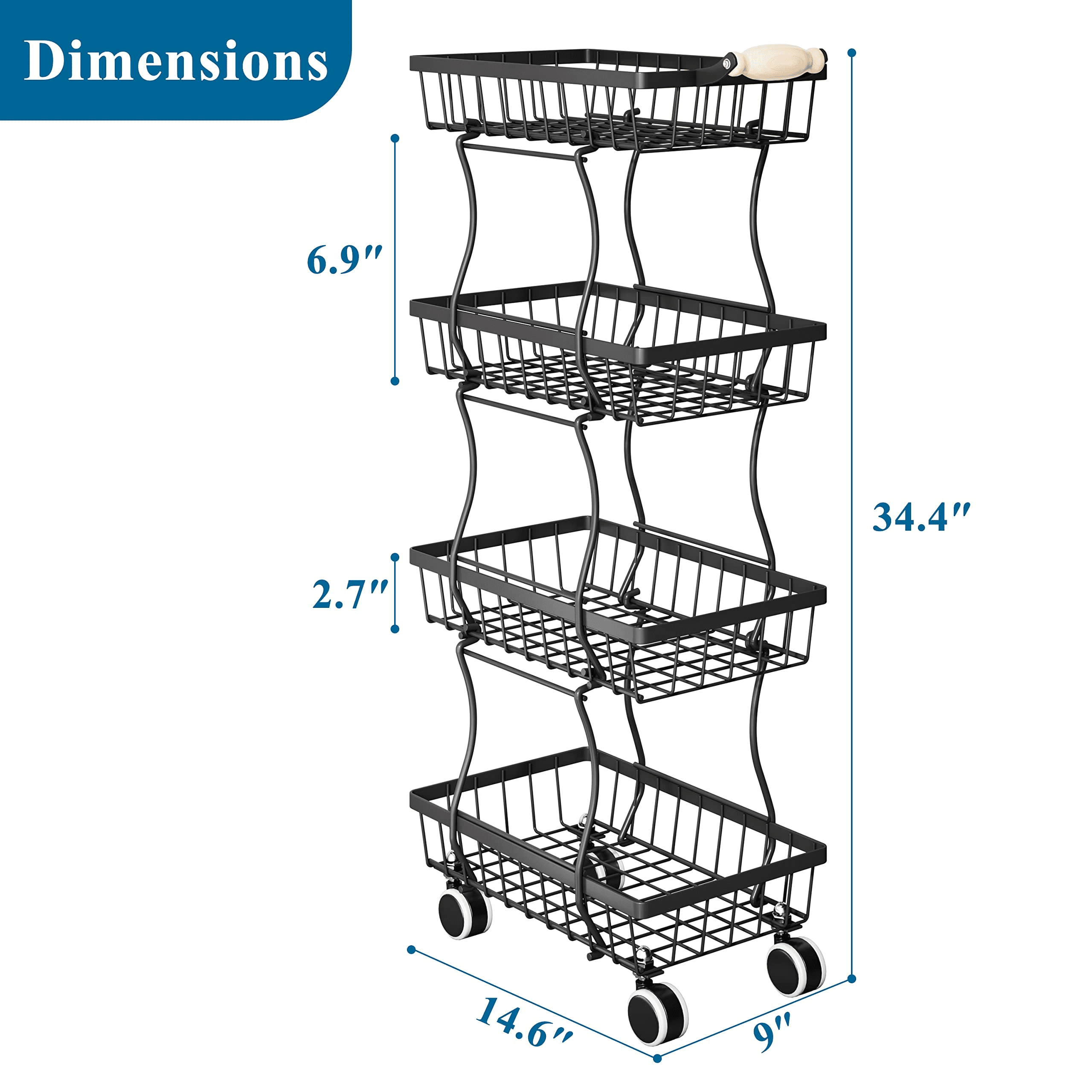 Siavonce 4 Tier Fruit Vegetable Basket for Kitchen, Storage Cart, Vegetable Basket Bins, Wire Storage Organizer Cart with Wheels