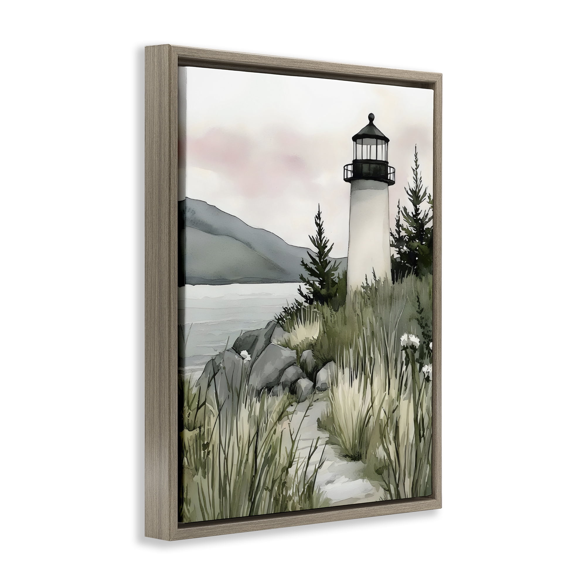 Stupell Industries Coastal Calm Lighthouse Brown Framed Floater Canvas Wall Art, design by Riley B