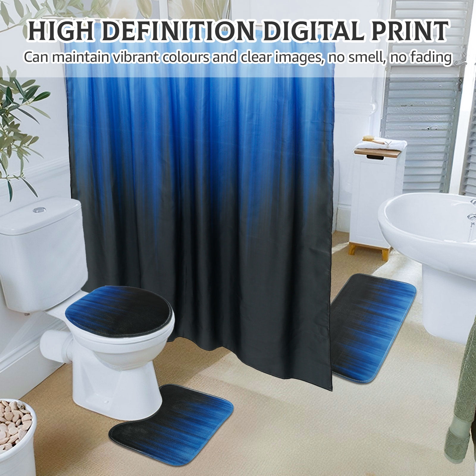 Dznils Black and Blue Ombre Shower Curtain Set with Rug, 16pc Modern Bathroom Decor Set, 72" x 72"