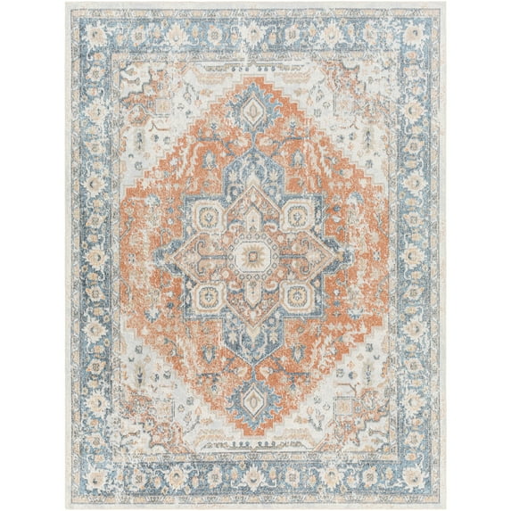 Lillian SkyBlue/Rust 2'6" x 8' Machine Washable Area Rug