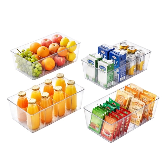 Sindcom 4 Pack Clear Plastic Food Storage Organizer Bins, Multi-Compartment Pantry & Kitchen Drawer Organizer for Spice Packets, Tea Bags, Snacks - Versatile for Fridge & Cabinet