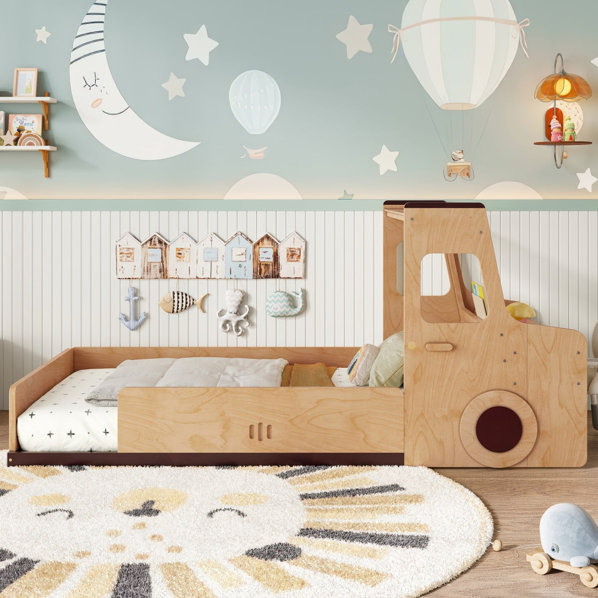 Twin Size Floor Bed with Interesting Car-shape Design,  Car Floor Bed with Storage Drawers, Window, and Desk, Childlike Design, Natural
