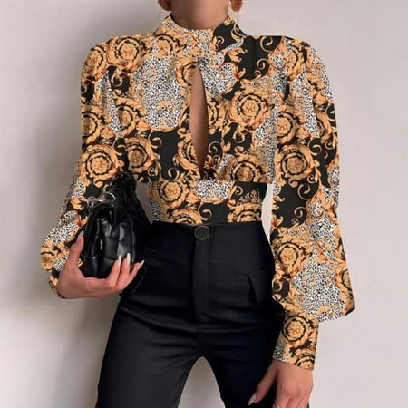

Kakina CMSX Womens Tops Plus Size Clearance Women Casual Long Lantern Sleeve Backless Bandage Hollow Out Stand Collar Short Tops Printed Slimming Blouse Shirts