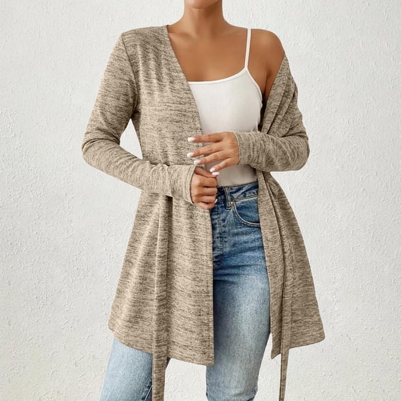 Women's Lightweight Belted Cardigan, Mid Length Open Front Sweater, Long Sleeve Duster Cover Up, Casual Loose Fit Lounge Cardigan, Solid Color Knit Wrap, Comfortable Loungewear Beige L
