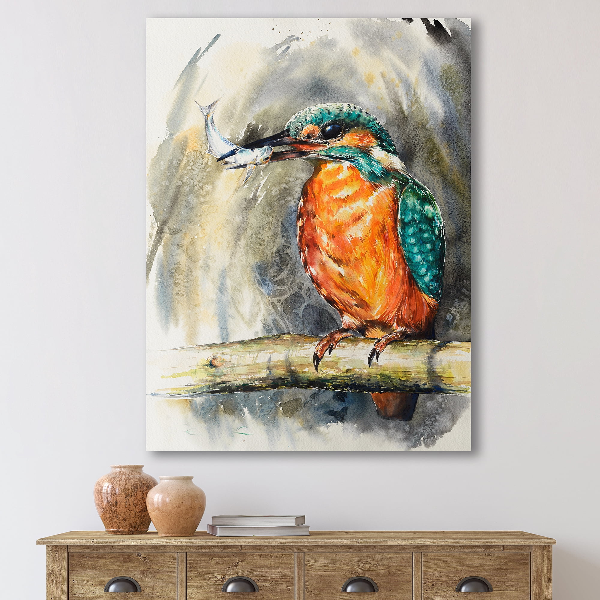 Designart ' Common Kingfisher On Branch Eating A Small Fish ' Traditional Canvas Wall Art Print
