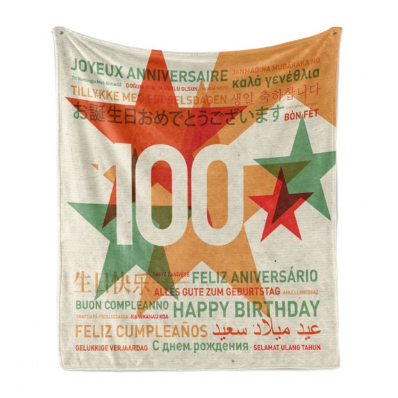 100th Birthday Soft Flannel Fleece Throw Blanket, Birthday in World Languages on Abstract Backdrop Artwork, Cozy Plush for Indoor and Outdoor Use, 70" x 90", Pale Green and Vermilion, by Ambesonne