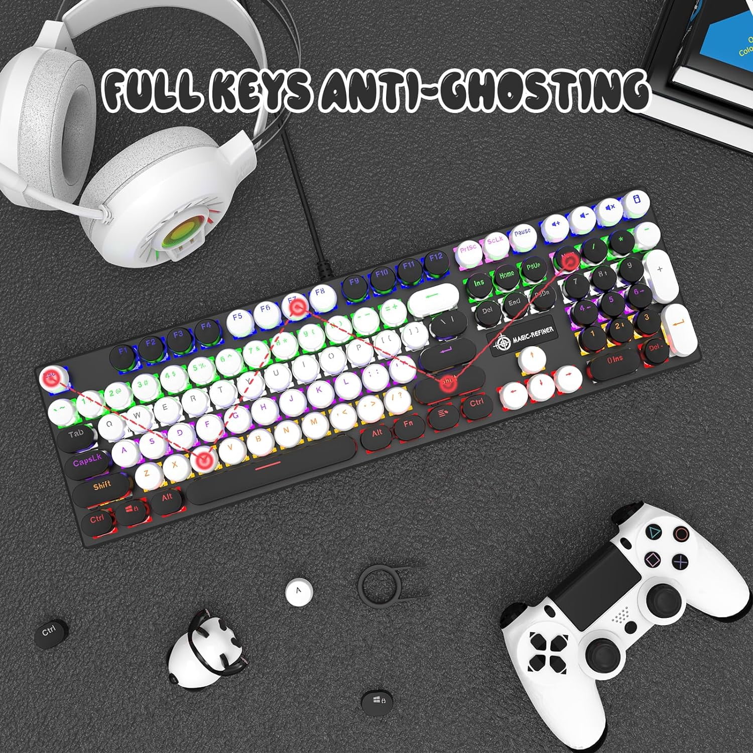 LexonElec Backlit Keys Wired Gaming Keyboard with Keycap Puller, White
