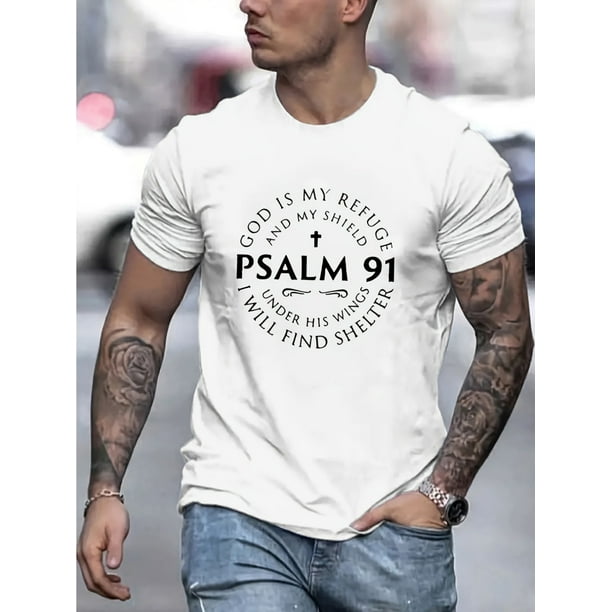 Men's Casual Short Sleeve T-Shirt with Psalm 91 Inspirational Print - Breathable Stretch Fabric, Round Neck, Machine Washable, Black with White Text - All-Season Comfort