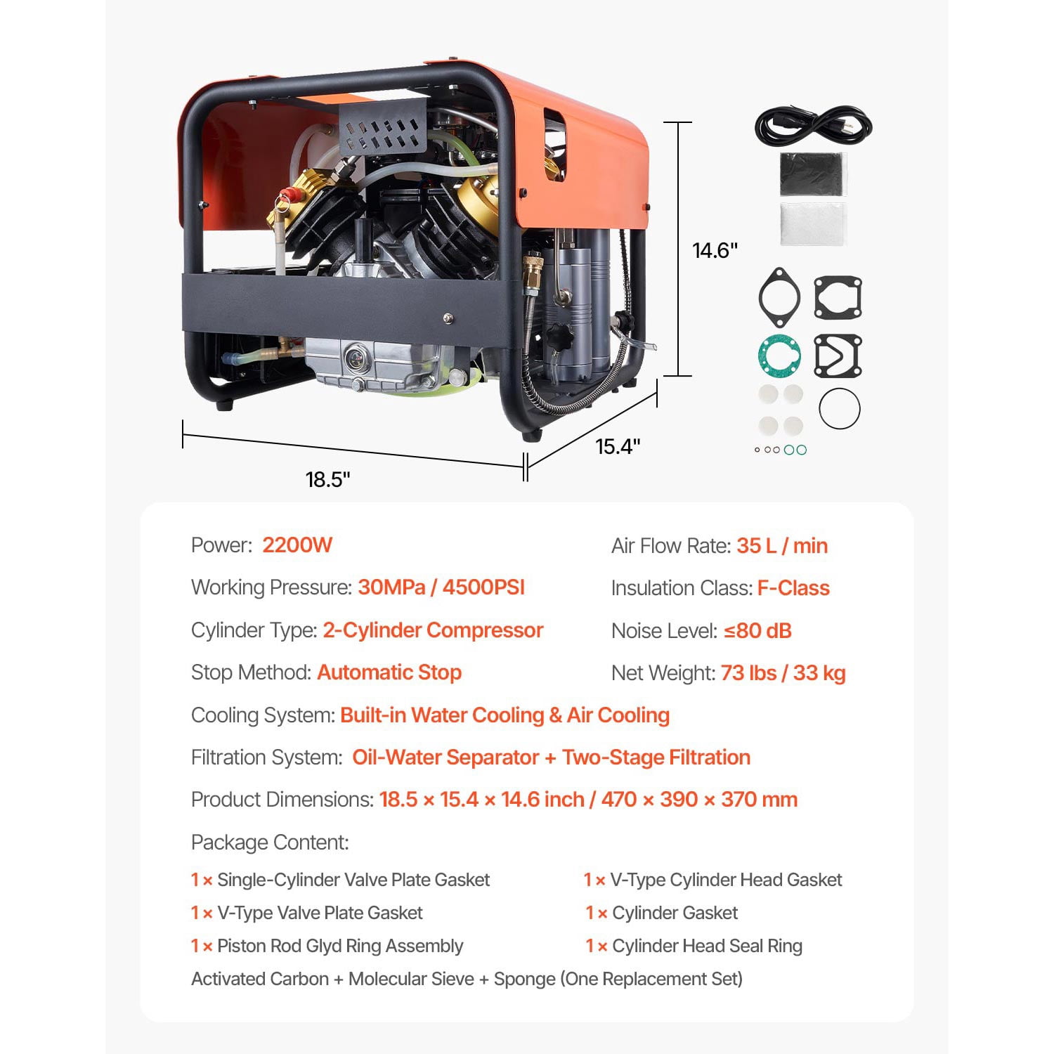 KFFKFF High-Pressure PCP Air Compressor, 4500PSI/30Mpa Double Cylinder Unit with Auto-Stop Function, Equipped with Water and Fan Cooling System for Paintball, Air Rifles, and Scuba Tanks