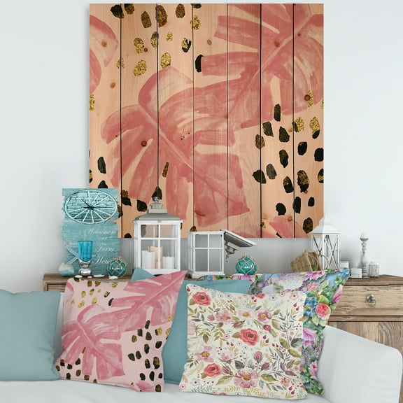 Designart 'Rough Brush Strokes Pink Colored Monstera I' Tropical Print on Natural Pine Wood
