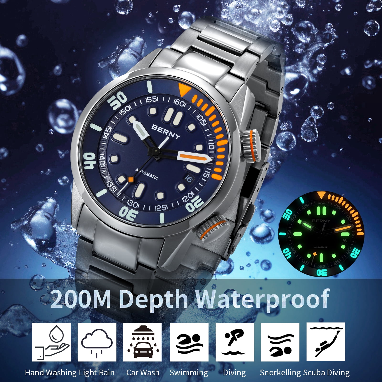BERNY Automatic Dive Watches for Men, Sport 20ATM Waterproof Analog Mechanical Watch with Date, Super Luminous, Stainless Steel, Sapphire Crystal, Fashion Men's Pro Diver Watch (Blue)