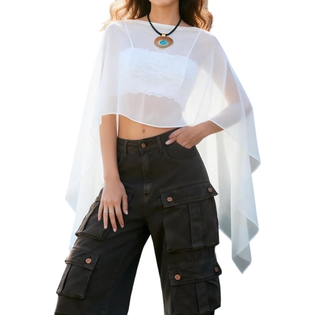 Women Sheer Poncho Shrug Solid Color Crew Neck Mesh Poncho Tops