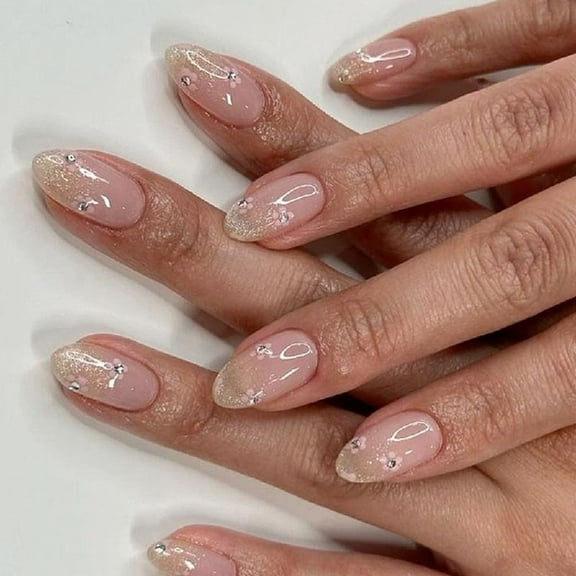 24 Pcs Short Round False Nail Sweet Flowers Press On Nail Simple Stick on Nail