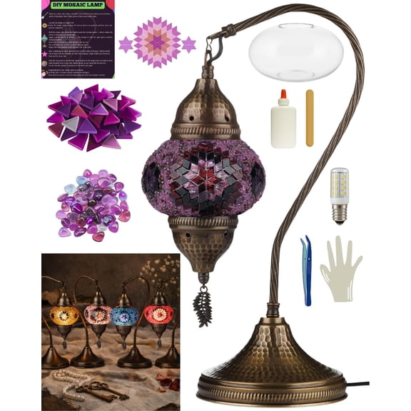 DEMMEX DIY Turkish Mosaic Lamp Making Kit – No Grout Needed – Fun, Easy, No Experience Required – Complete Mosaic Art & Craft Project Kit for Adults & Teens – Make Your Own Table Lamp (Purple)