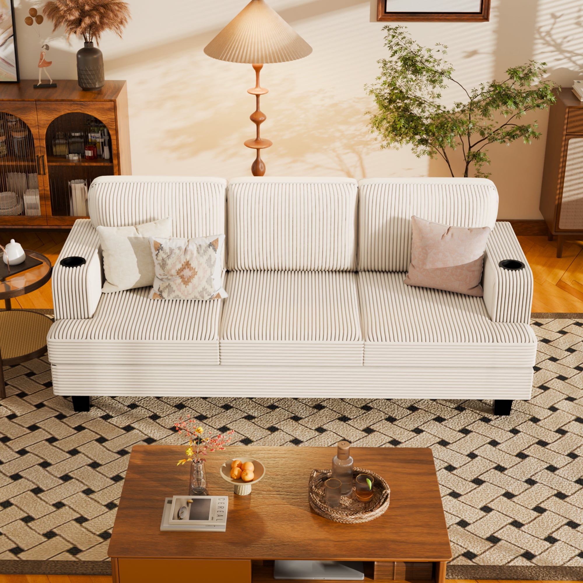 Homall 84''W Modern Sofa 3 Seat Adult Corduroy Couch with Wide Armrest Fabric Couch with USB Charging Ports for Living Room, Beige