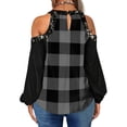 thumbnail image 3 of DYMADE Women Plus Size Crew Neck Off Shoulder Plaid Printed Loose Long Sleeved T-shirt Top, 3 of 4