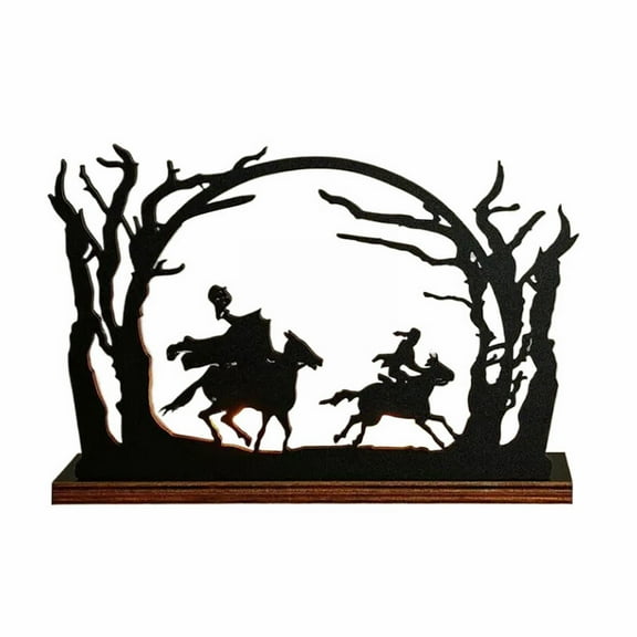 1X Figurine - Halloween Candle Holder Wooden Witch Horseman Statue Candlestick Wood Silhouette Sculpture Table Desk Decor