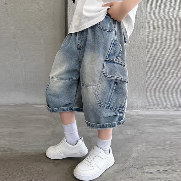 Yeaiivve Boys Cargo Jean Shorts Summer Baggy Bermuda Denim Shorts Knee Length Casual Wide Leg Pull On Jorts with Multi Pockets Y2K Streetwear Clothes Blue 7-8 Years
