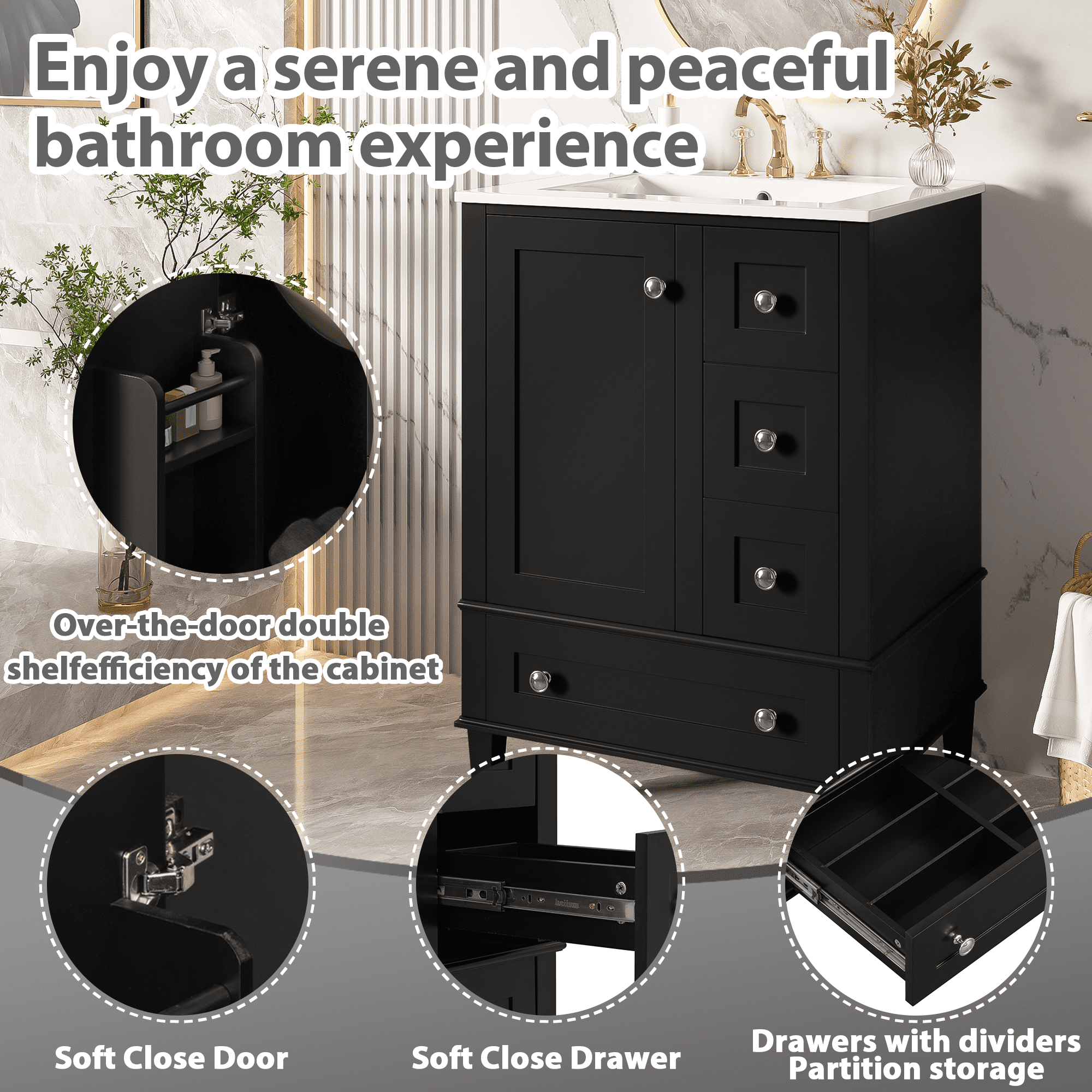 Euroco 24-inch black bathroom vanity with an integrated ceramic basin, featuring a door-mounted double-layer shelf, soft-close drawers, and a soft-close cabinet door.