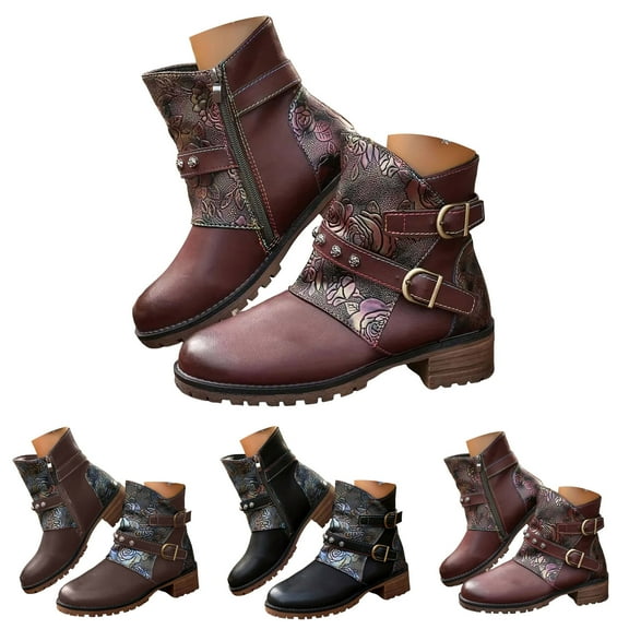 Pandaie Women Vintage Western Cowboy Boots Chunky Low Heel Cowgirl Ankle Booties Fold over Slouchy Fall Winter Walking Shoes Black 6