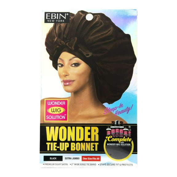 Ebin New York Wonder Wig Solution, Woner Tie-Up Bonnet, Black, Extra Jumbo, 1 count