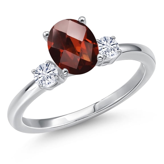 Gem Stone King 14K White Gold Red Garnet and White Moissanite Engagement Ring for Women | 1.73 Cttw | Oval Checkerboard 8X6MM | Gemstone January Birthstone | Size 8
