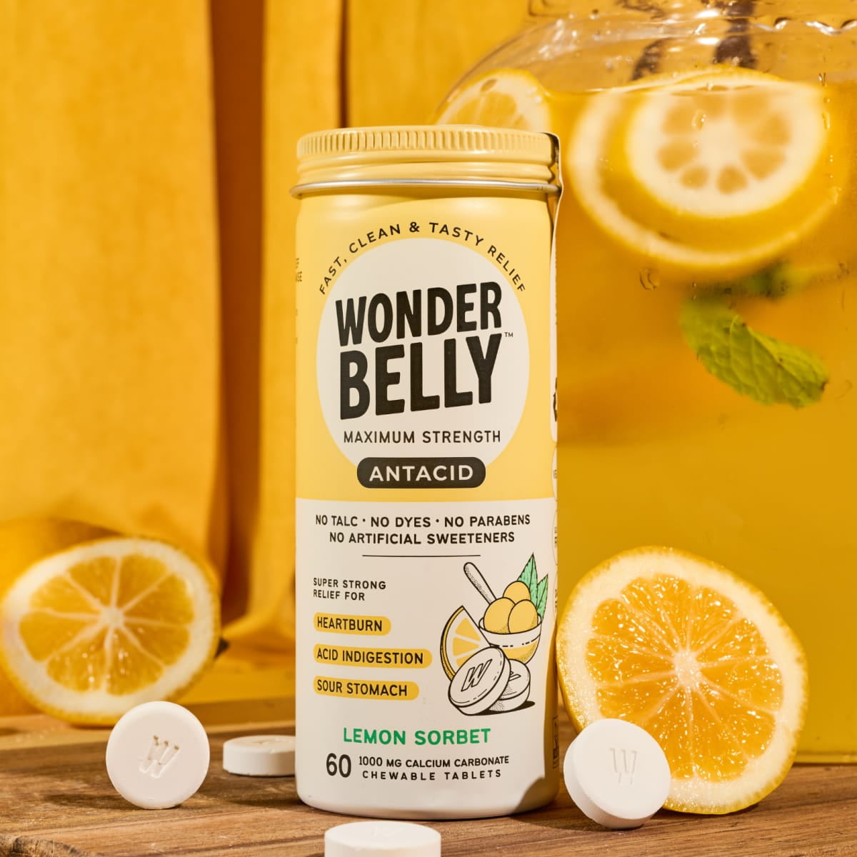 Wonderbelly Antacid Tablets for Heartburn Relief, Lemon Sorbet Flavor, 60 Chewable Tablets