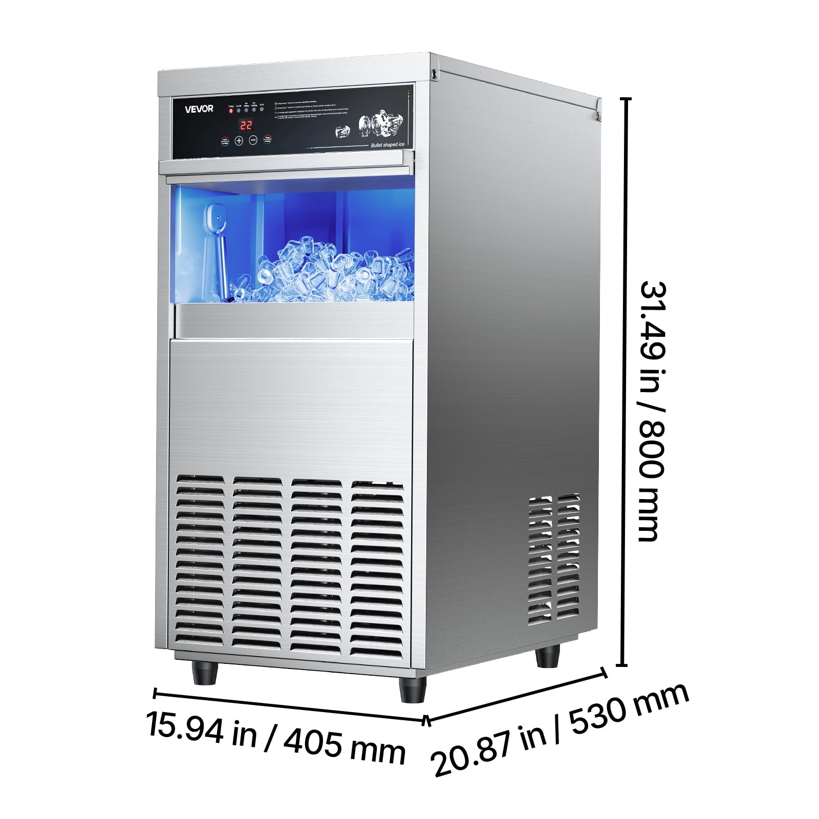 VEVOR Commercial Ice Maker Machine, 100 lbs/24h with 30-35 lbs Storage, Built-in/Freestanding/Under Counter, Stainless Steel Ice Maker with LED Display & Self-Cleaning, for Home Bar Restaurant