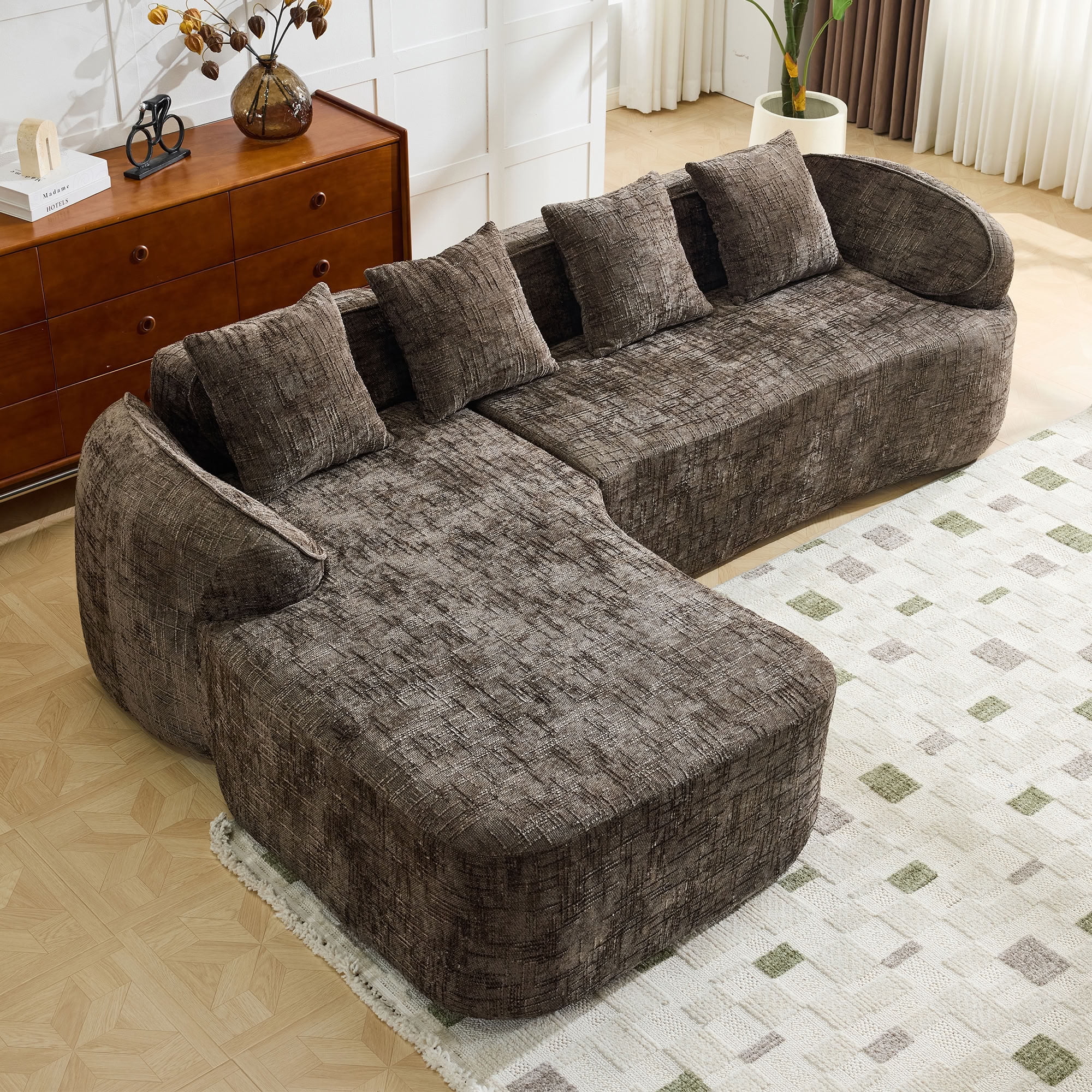 MAYEERTY L-Shaped Chenille Sectional Sofa with Chaise Lounge, 4-Seat Compressed Couch with 4 Throw Pillows, for Living Room Apartment Small Spaces