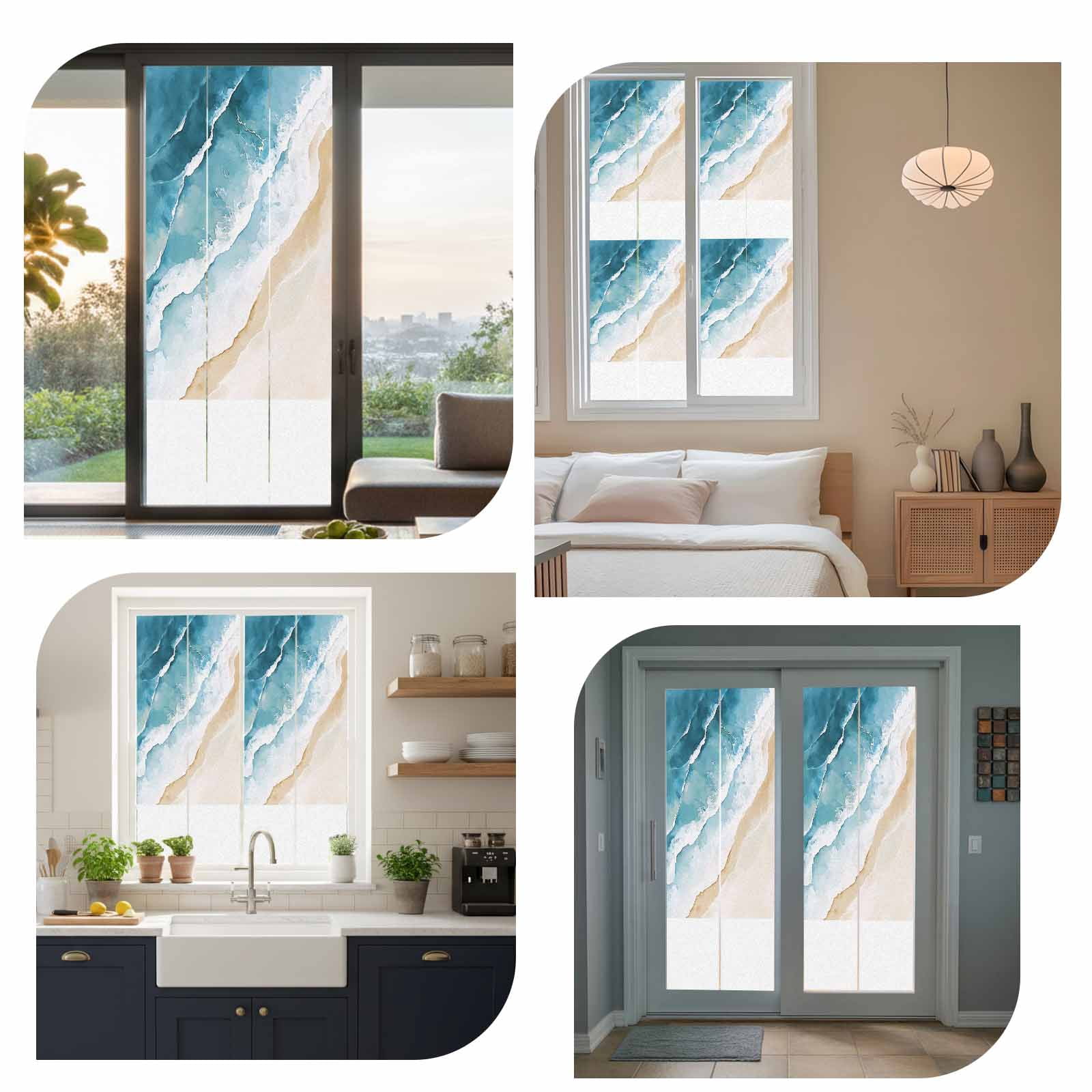 Beach Ocean Waves Window Privacy Film, Blue Watercolor Painting Frosted Glass Window Clings Static Cling UV Heat Blocking Reusable Door Sticker for Bathroom 23.6 x 59 Inch