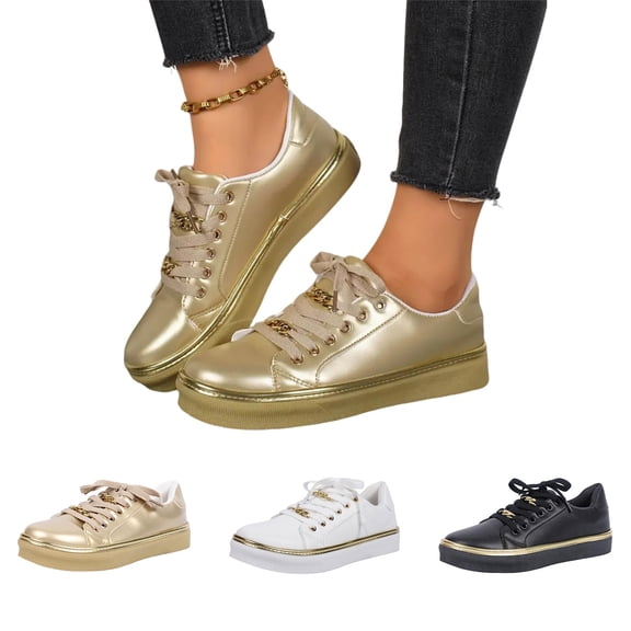 EKVAHL Women Lace-Up Leather Sneakers Platform Chunky Heel Athletic Shoes, Round Toe Non-Slip Trendy Running Casual Shoes Gold