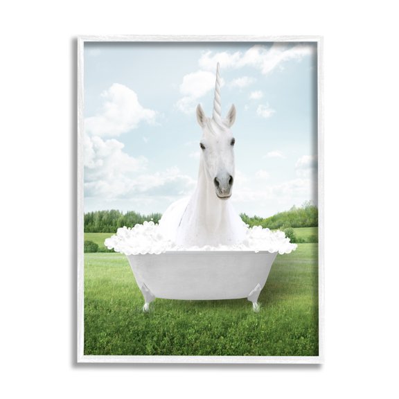 Stupell Industries Unicorn in Tub Landscape Nature Painting White Framed Art Print Wall Art, 16 x 20