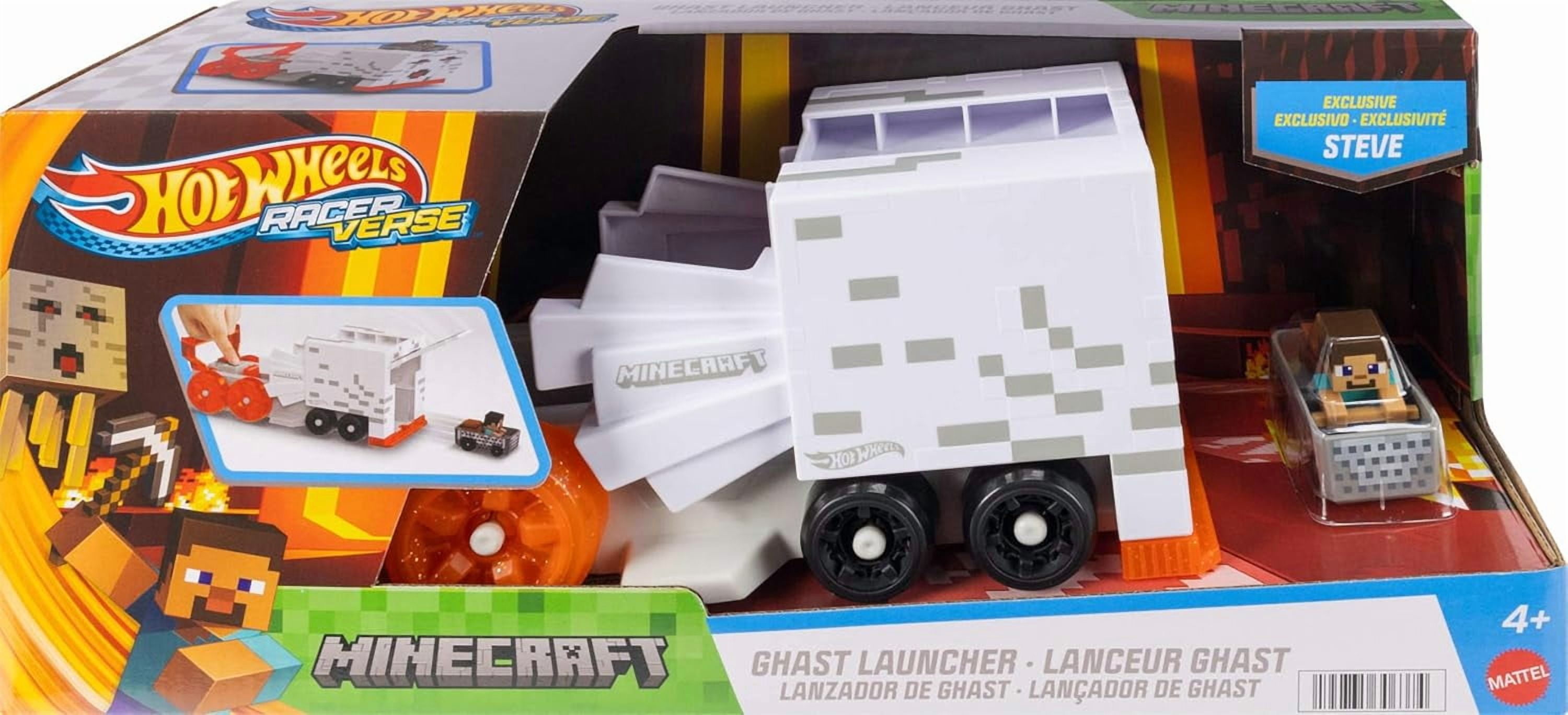 Hot Wheels Toy Car Track Set, RacerVerse Minecraft Ghast Large-Scale Launcher and Hauler with & Die-Cast Steve Vehicle