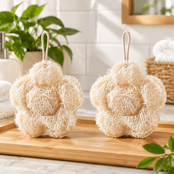 Plumilo Natural Shower Loofah, 2 Pack Exfoliating Bath Sponge, Plant Based Loofah Sponge for Body Cleansing, Daily Bath and Travel Use