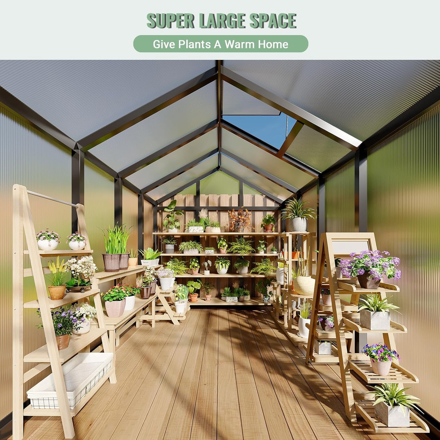 6x8 FT Walk-in Greenhouse for Outdoors – Aluminum Frame, Polycarbonate Panels, Roof Vent, Rain Gutter, Sliding Lockable Door, Easy Setup for Garden & Backyard, Black