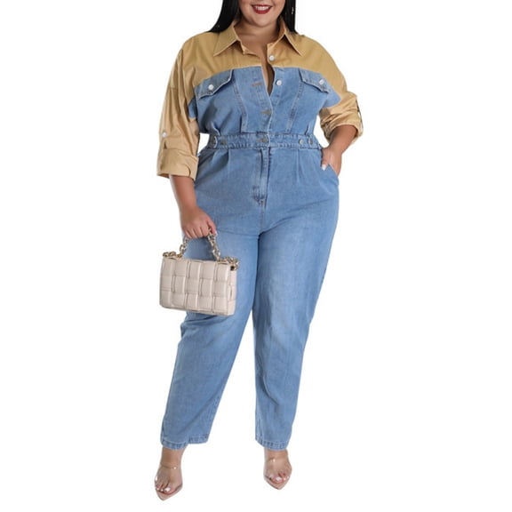 Women'S Plus Size Denim Jumpsuit with High Waist and V Neck Design Light Blue L