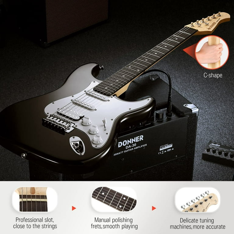 Donner 39 Electric Guitar Beginner Kit Solid Body HSS Pickup Full Size for  Starter with Amplifier, Bag, Capo, Strap, String, Tuner, Cable, Picks Left  Handed, Black 
