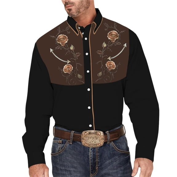 Mens Westren Cowboy Shirts Floral Embroidered Long Sleeve Button Down Shirts Country Spring Fall Brown XL
