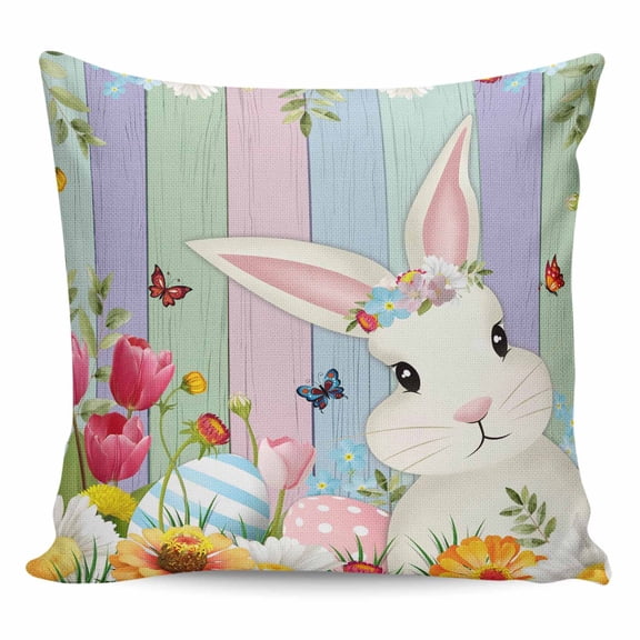 Easter Bunny Pillow Covers 24x24 Inch Decorative Throw Pillow Cover, Farmhouse Watercolor Eggs Tulip Wood Grain Sofa Pillowcases Accent Cushion Case Home Decor Bedroom Living Room